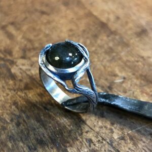 Komplexer, silberner Ring mit einem schwarzen Schmuckstein, der von Ranken gehalten wird.